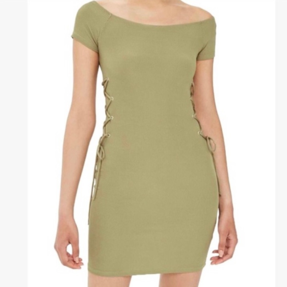Topshop Olive Green Cap Sleeve Lace-Up Body-Con Dress
